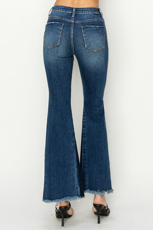 RISEN Full Size High Rise Side Shadow Seam Detail Slit Flare Jeans
