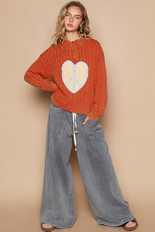 POL Cable-Knit Peace Patch Dropped Shoulder Sweater