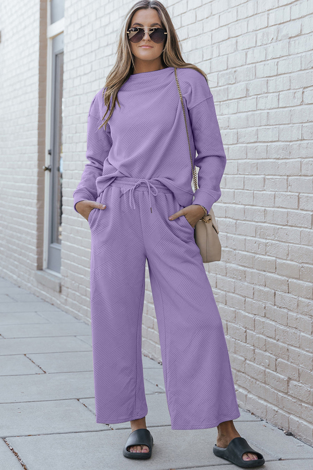 Double Take Full Size Textured Long Sleeve Top and Drawstring Pants Set - Three Bears Boutique