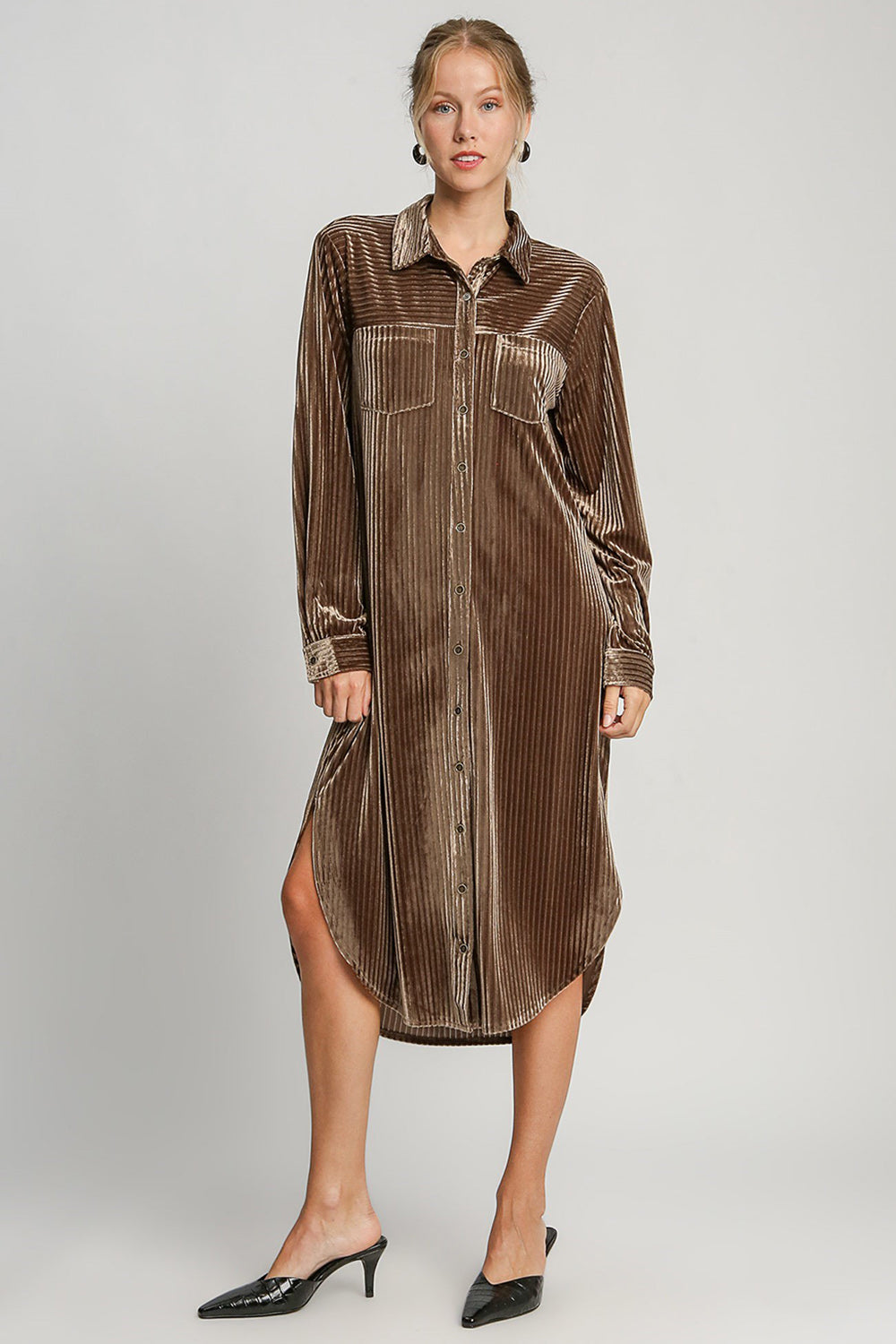 Umgee Texture Curved Hem Button Down Shirt Dress