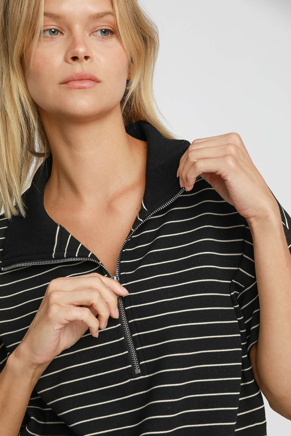 Umgee Striped Half Zip Short Sleeve Sweatshirt