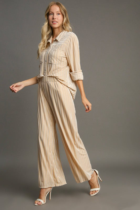 Umgee Elastic Waist Striped Wide Leg Velvet Pants