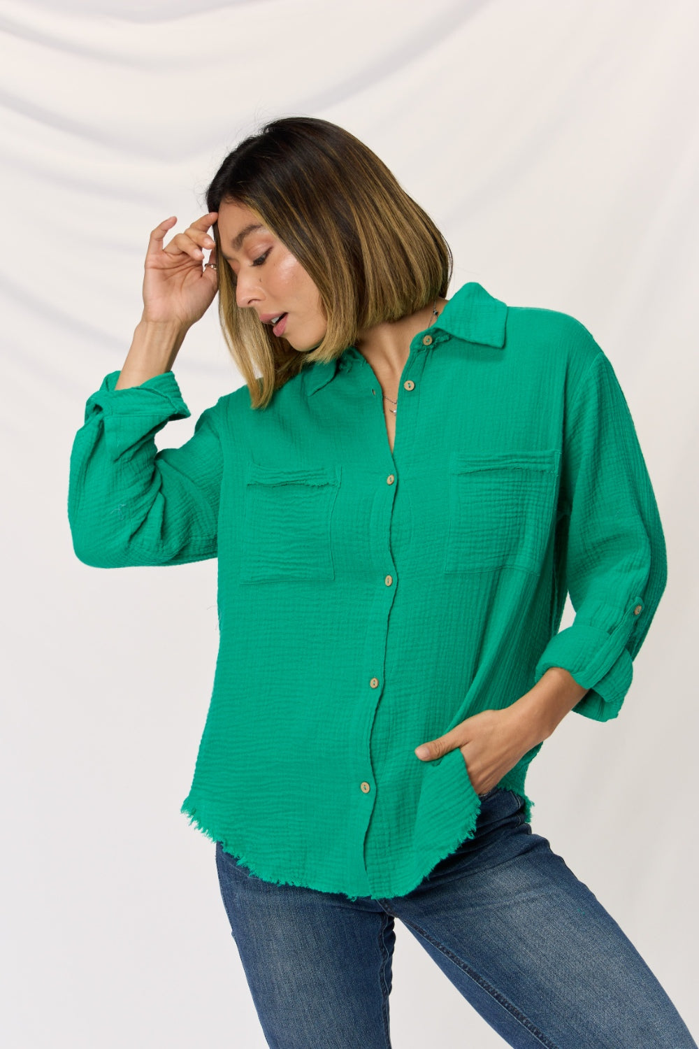 Zenana Texture Button Up Raw Hem Long Sleeve Shirt - Three Bears Boutique