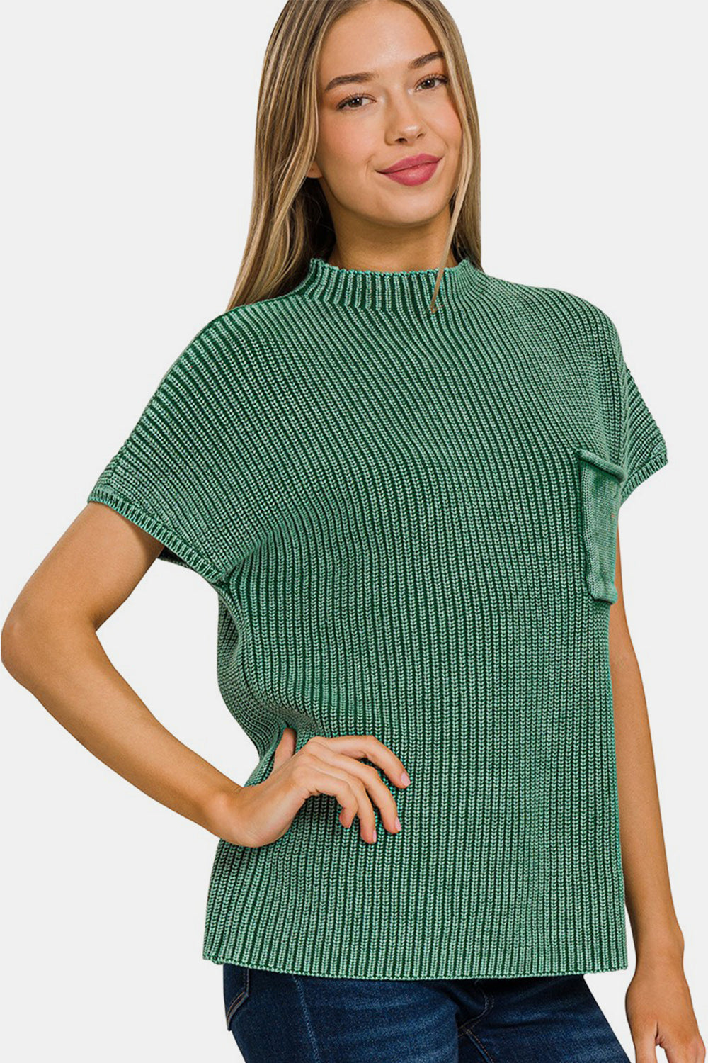 Zenana Washed Mock Neck Short Sleeve Sweater - Three Bears Boutique