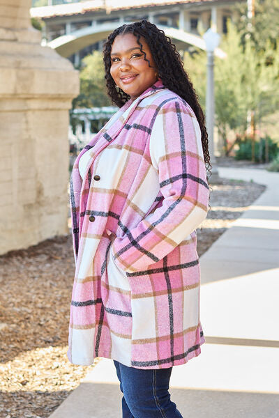 Double Take Full Size Plaid Button Up Lapel Collar Coat - Three Bears Boutique