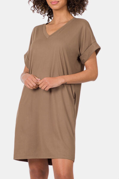 Zenana Rolled Short Sleeve V-Neck Dress - Three Bears Boutique
