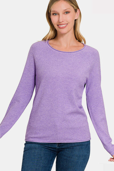 Zenana Rolled Round Neck Long Sleeve Sweater - Three Bears Boutique