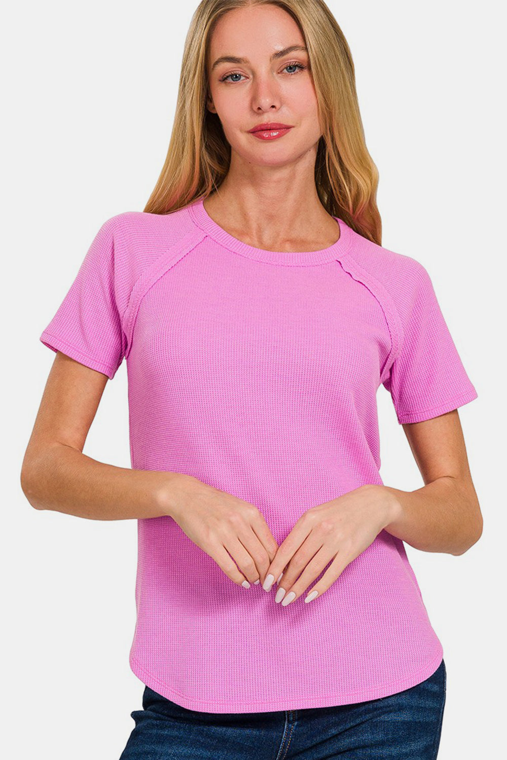 Zenana Round Neck Short Sleeve Waffle T-Shirt - Three Bears Boutique