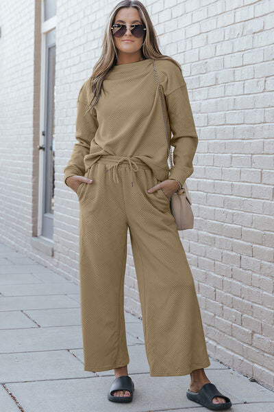 Double Take Full Size Textured Long Sleeve Top and Drawstring Pants Set - Three Bears Boutique