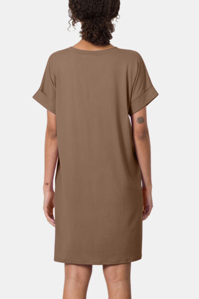 Zenana Rolled Short Sleeve V-Neck Dress - Three Bears Boutique